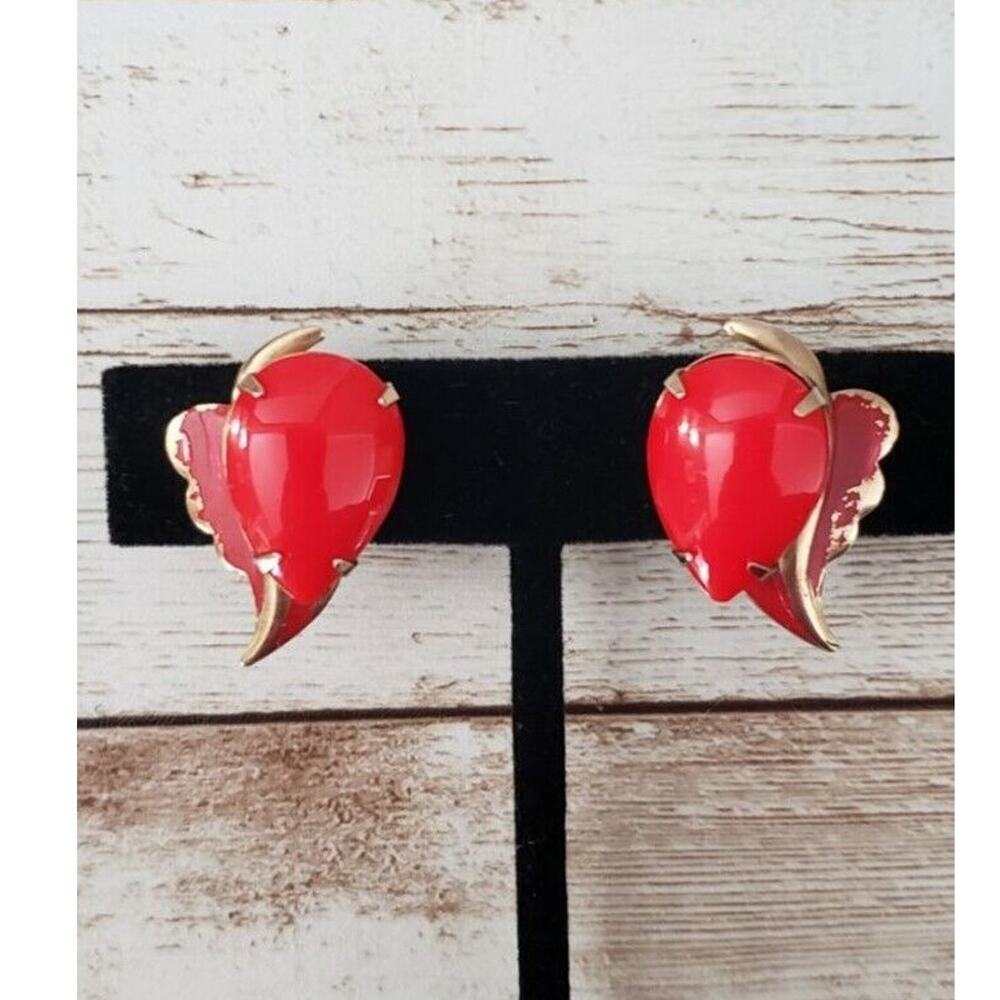 Vintage Screw On Earrings - 1" Unusual Teardrop Design Red